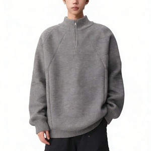Pull en maille à col montant mi-zippé pour homme, coupe décontractée oversize avec ourlet incurvé, tendance - Product Image 1