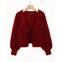 Winter Cross-Border Korea Europa Vereinigte Staaten V-Ausschnitt Neue Schnür-Strickjacke aus Acryl mit Langen Ärmeln Einfarbiger Vintage-Zopfstrick