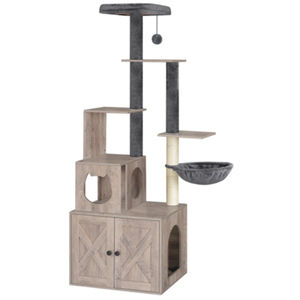Arbre à chat avec enclos pour litière 677 H, mobilier multifonctionnel en bois pour animaux de compagnie avec litière cachée, perchoir et hamac - Product Image 3