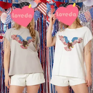 Camisetas Loveda personalizadas para mulheres com estampa de bandeira americana solta de manga curta, camisetas com estampa de águia e lantejoulas gráficas, 4 de julho