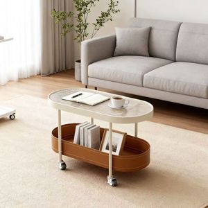 Mesa de Centro Ovalada Color Crema con Bandeja de Almacenamiento de Cuero, Mesa Auxiliar Móvil con Ruedas para Sala de Estar - Product Image 3
