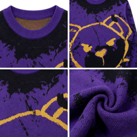 Pull en tricot pour homme rétro violet à motif de petit ours - Haut décontracté pour les amateurs de mode urbaine - Pull jacquard tricoté pour homme