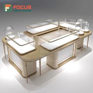 Luxury Gold Finish Jewelry Counter Glass Display Cabinet High End Modern Custom LED Light Jewellery Shop Furniture Design - Product Image 5