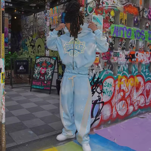 Custom Applique Patched <strong>Embroidery</strong> Two Piece <strong>Set</strong> Sunfaded Heavyweight Cotton Double Waist Stipe Sweatpants Oversized Hoodie <strong>Sets</strong> - Product Image 2