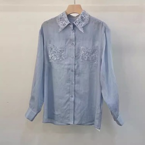 Camicie in Lino di Alta Qualità Stile Primavera Estate 2026 da Donna con Colletto in <span class=keywords><strong>Pizzo</strong></span>, Tasca sul Petto, Patchwork, Vestibilità Ampia, Bianche e <span class=keywords><strong>Blu</strong></span> - Product Image 1