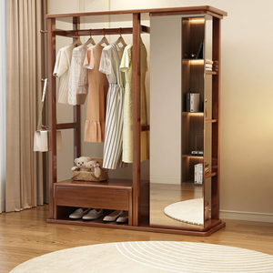 Modern Solid <b>Wood</b> <b>Coat</b> Rack with Mirror Shelves and <b>Hooks</b> Freestanding Storage for Bedroom Living Room Furniture - Product Image 1