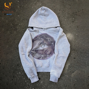 Custom Men 100% Cotton Pullover Hoodie Vintage Light Wash Rhinestone Embellished Portrait Print Distressed Streetwear Sweatshirt - Product Image 1