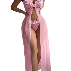European American Style Sheer Lace Floral <b>Strap</b> <b>Knee</b>-Length V-Neck Backless Lingerie Nightgown with Front Logo for Summer Women - Product Image 1