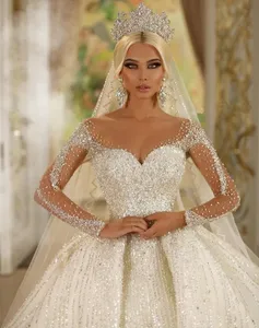 Luxury Arabic Dubai Beads Wedding Dress Long Sleeves Lace Tulle Ball Gown Floor Length Custom Made Bridal Dress