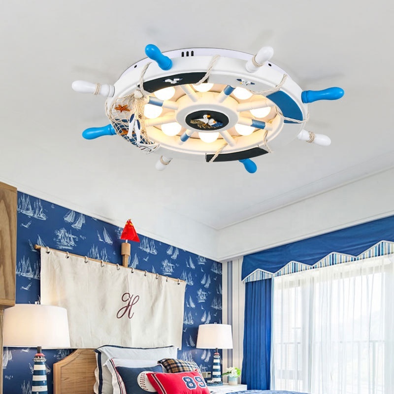 Modern Kids Bedroom LED Tri-Color Dimmable Pirate Ship Rudder Wall Light Iron Chandelier Wood Cover High CRI 80 Surface-Mounted