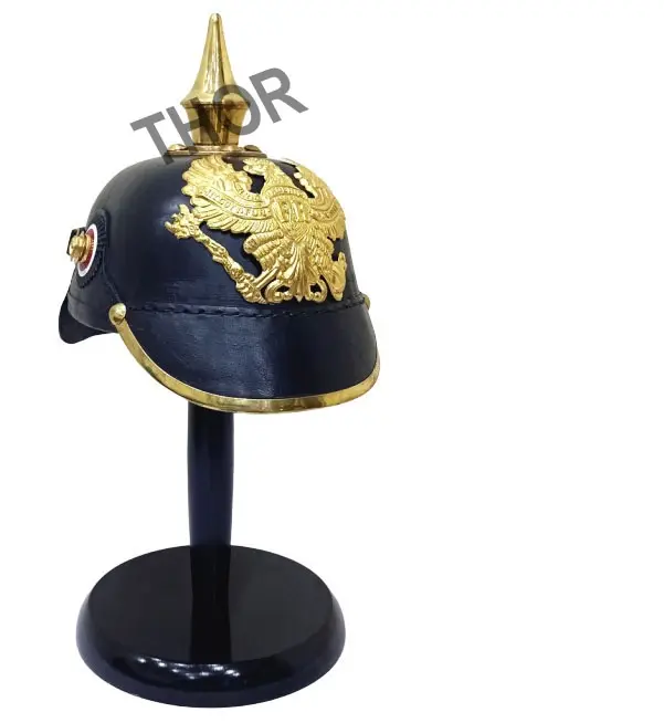 Helm Pickelhaube Jerman | Helm Pickelhaube Kulit Imperial Prussian | Petugas Kuningan Round Top H dengan Dudukan Kayu