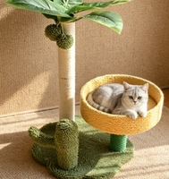 Arbre à chat multifonctionnel en sisal avec griffoir en forme de cocotier tropical, masseur en forme de cactus et coussin rond doux pour chat