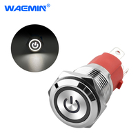 Botón Interruptor de 16 mm, IP65 Impermeable, Autobloqueante, con Luz Blanca de Alimentación, 15A, Metálico