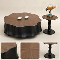 Table Basse de Salon Moderne, Durable et Multifonctionnelle, avec Panneau en Verre Technologique Brillant, Design Pétale Irrégulier, Finition Bois et Roue Métallique, Vente Directe Usine