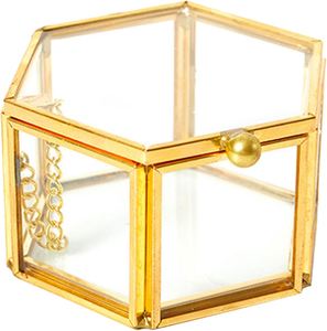 Caja de Joyería Hexagonal de Vidrio de Estilo Vintage con Detalles en Latón Dorado, Organizador de Joyas Transparente, Estuche Decorativo de Estilo Retro para Tocador - Product Image 1
