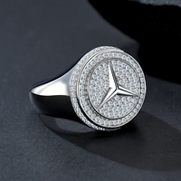 Bague signet Mercedes sertie de moissanite, argent 925, bague de luxe avec logo, pavée de moissanite, bague statement hip hop pour homme