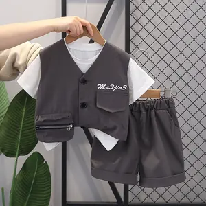 Style coréen enfants vêtements d'été 2024 mode décontracté coton court t-shirt gilet trois pièces 2 ans garçon vêtements ensembles
