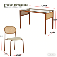 Table en verre trempé avec décoration en rotin et chaise rembourrée, ensemble de table à manger en vente flash