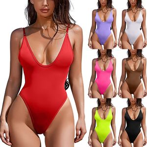 Traje de Baño Bikini de Una Pieza con Espalda Descubierta, Corte Alto y Escote Profundo en V, Color Sólido, Sexy, para Mujer, Ropa de Playa, Moda de Verano - Product Image 1