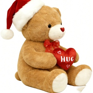 Customized Christmas teddy bear plush with Santa <b>hat</b>,Hug heart brown bear stuffed <b>animal</b>, Holiday gift teddy bear with red heart - Product Image 2