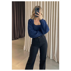 Women's <b>Navy</b> Blue Knitted Raglan Sleeve Bolero <b>Cardigan</b> Korean Style All Seasons Wear - Product Image 4