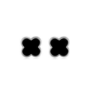 Boucles d'oreilles clous trèfle à quatre feuilles en argent S925, motif floral géométrique noir pour femmes à oreilles percées - Product Image 4