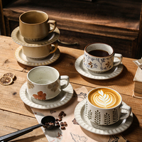 Ensemble tasse à café et soucoupe en céramique florale vintage, vaisselle rétro en grès peinte à la main, tasse à thé pour la maison, le bureau, le café, usage quotidien, cadeau