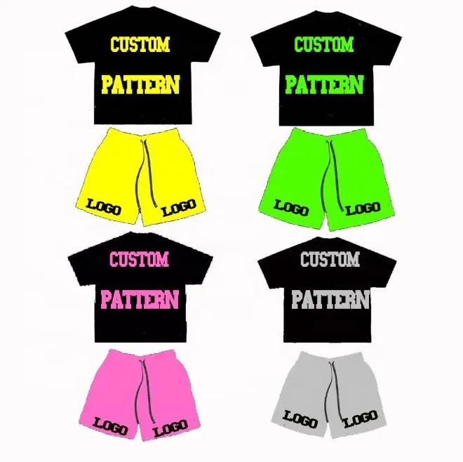 Pantalones cortos de verano Unisex con logotipo personalizado, ropa de vendedor, conjunto de pantalones cortos de verano para hombre, camiseta, pantalones cortos de gimnasio y conjunto de camisa para hombre