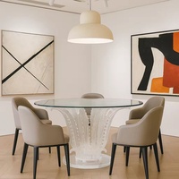 Ensemble de table à manger ronde en cristal transparent de luxe, feuilles de cactus, artisanal, 6 places, contemporain, pour villas, hôtels, clubs