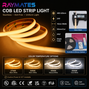 Tira de LED COB RAYMATES IP67 Impermeable de 24V, 4000K Blanca, Alta Densidad, Flexible, Regulable, para Uso en Exteriores - Product Image 2