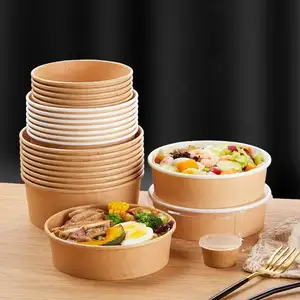 KM custom большая круглая одноразовая миска из коричневой крафт-бумаги для пищевых контейнеров, салата, фруктов, горячего супа, риса