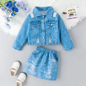 Hot Selling Autumn Winter Toddler Little Girls Torn Denim Jacket+short Skirt Two Piece Boutique Kids Clothing With Pocket