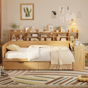 Modern Wooden Full Size Daybed with Storage Shelves Multi-functional Bed with Two Storage Drawers <b>Study</b> <b>Desk</b> Natural for Bedroom - Product Image 2