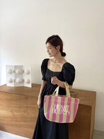 Sac seau vintage pour femme, idéal pour la plage, en paille de papier colorée au crochet, avec logo brodé personnalisé à rayures