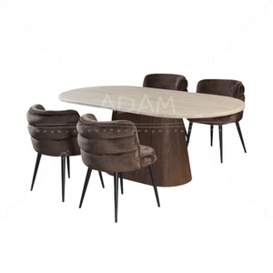 Hot bán tùy chỉnh bàn ăn travertine Marble Top Walnut giấy <span class=keywords><strong>MDF</strong></span> trụ cột hình bầu dục phòng ăn bảng - Product Image 3