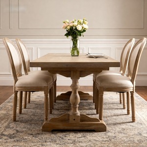 Juego de 2 sillas de comedor con respaldo ovalado, tapizadas en lino, con estructura de madera maciza estilo francés, color beige - Product Image 6