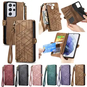 Factory Drop Shipping High Quality Leather Wallet Case Geometric Design Wrist Strap For Samsung Galaxy S24 S23 S22 Ultra