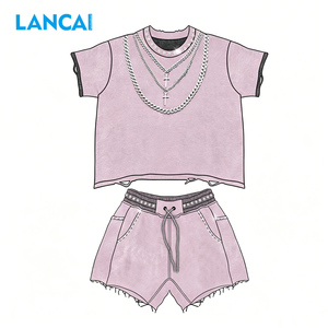 Ensemble décontracté pour femmes Lancai, haut court à manches raglan et mini-jupe en jean, tenue de rue décontractée, ensemble de salon, vêtements d'été pour femmes - Product Image 3