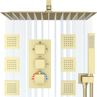 Ensemble de douche thermostatique LED de luxe doré, mural, en laiton, avec pommeau de douche pluie et jets de massage, affichage de la température, haute pression, design moderne