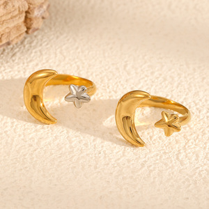 Anillo de PVD de oro de 18 quilates, anillo de luna y estrella de acero inoxidable de dos tonos, anillo abierto de moda minimalista, joyería de moda hipoalergénica para mujer - Product Image 2