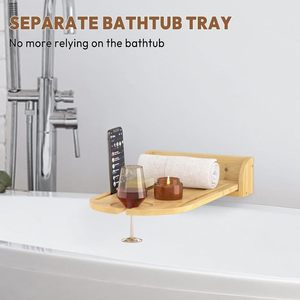 Plateau de bain en bambou avec support mural pliable pour téléphone et vin, organiseur de rangement pour aromathérapie et savon de salle de bain - Product Image 4