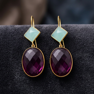 Boucles d'oreilles artisanales en laiton plaqué rhodium avec pierres précieuses, style bohème ethnique, améthyste - Product Image 4