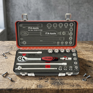 Outils ITA professionnels, fabrication taïwanaise, ensemble de 17 douilles en acier au chrome-vanadium de 3/8 pouces avec poignée en T coulissante dans un coffret métallique - Product Image 1