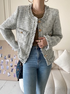 2023 New Fashion <strong>Grey</strong> Melange Tweed <strong>Blazer</strong> Top for <strong>Women</strong> Elegan Young Ladies' Breathable Jackets - Product Image 2