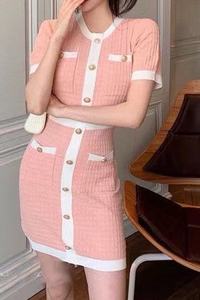 Abito Estivo <span class=keywords><strong>Midi</strong></span> Elegante in Tweed Elasticizzato, Casual, a Vita Naturale, <span class=keywords><strong>Manica</strong></span> <span class=keywords><strong>Corta</strong></span>, in Maglia - Product Image 3