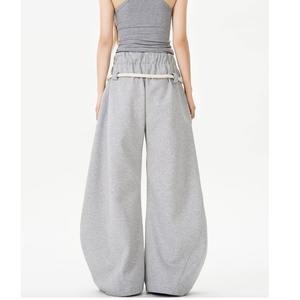 Pantalones Cargo de Cintura Elástica Estilo Retro Americano para Mujer, Primavera-Otoño, Gris, Pierna Ancha, Corte Regular, Transpirables, con Borlas de Chifón - Product Image 2