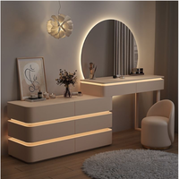 Coiffeuse de chambre style crème avec miroir LED, entièrement en bois massif, ultra-étroite, intégrée à une table de chevet rabattable, écologique