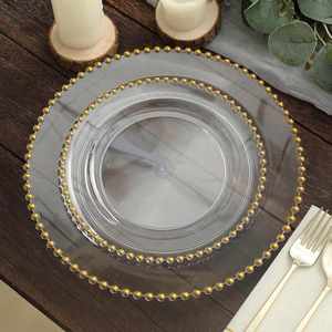 13 Inch Heavy Duty Plastic Charger <b>Plates</b> Bulk Gold Beaded Rim Clear White Underplates for Wedding Reception Table Decor - Product Image 2