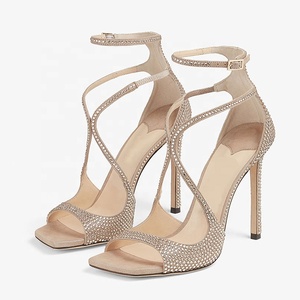 Sandales à bout carré ouvert pour femme, à brides croisées ornées de diamants, talon aiguille scintillant, design de marque, chaussures d'été - Product Image 4