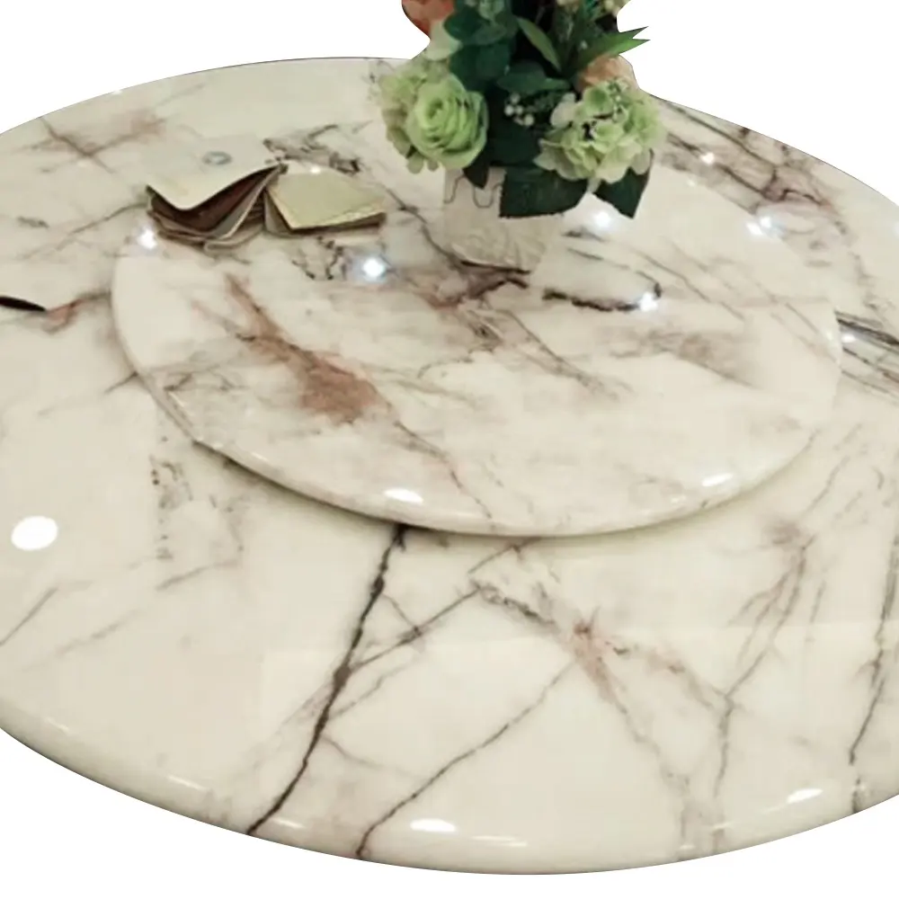 Round lilac marble dining table top, 8 seater marble dining table, round rotating stone dining table